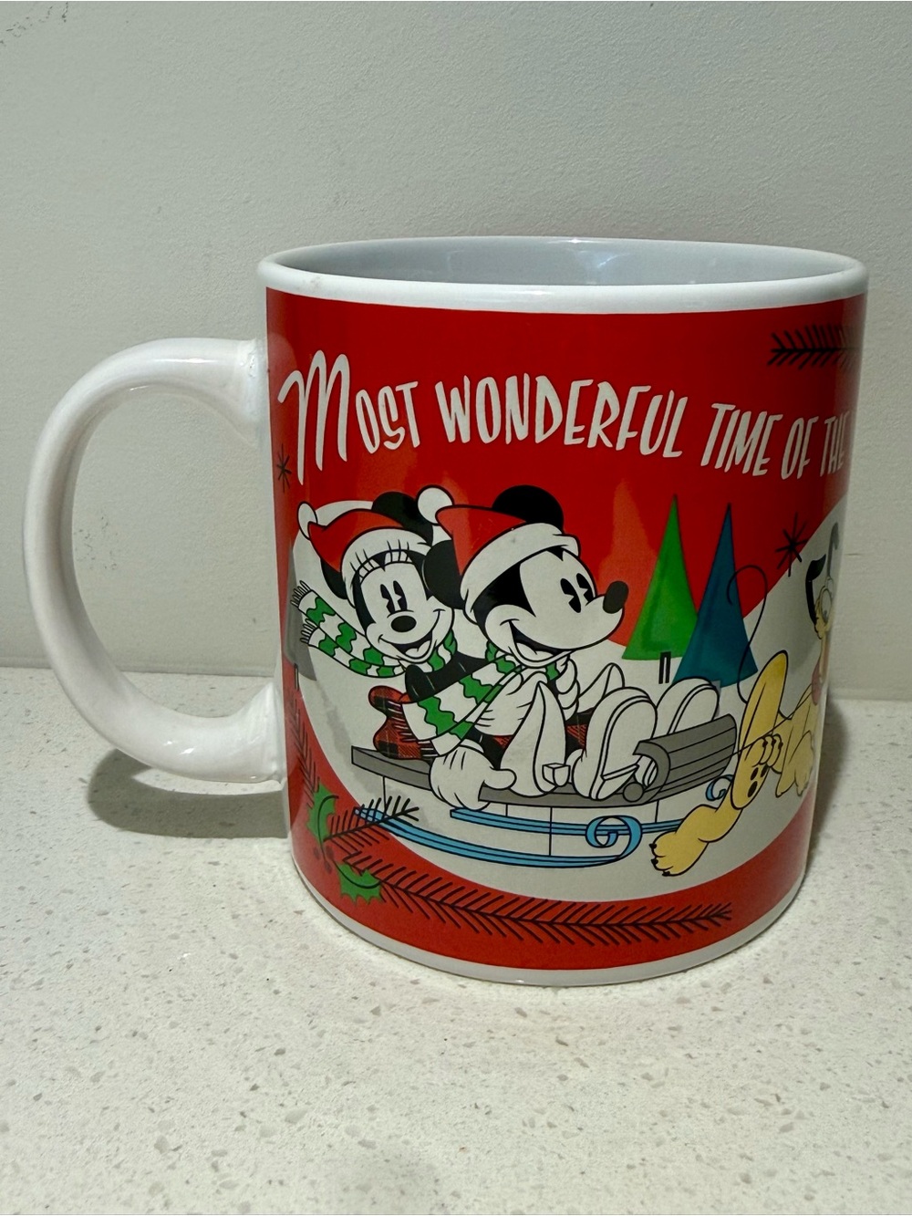 Disney Red Holiday Mickey, Minnie & Pluto Ceramic jumbo size Christmas Mug